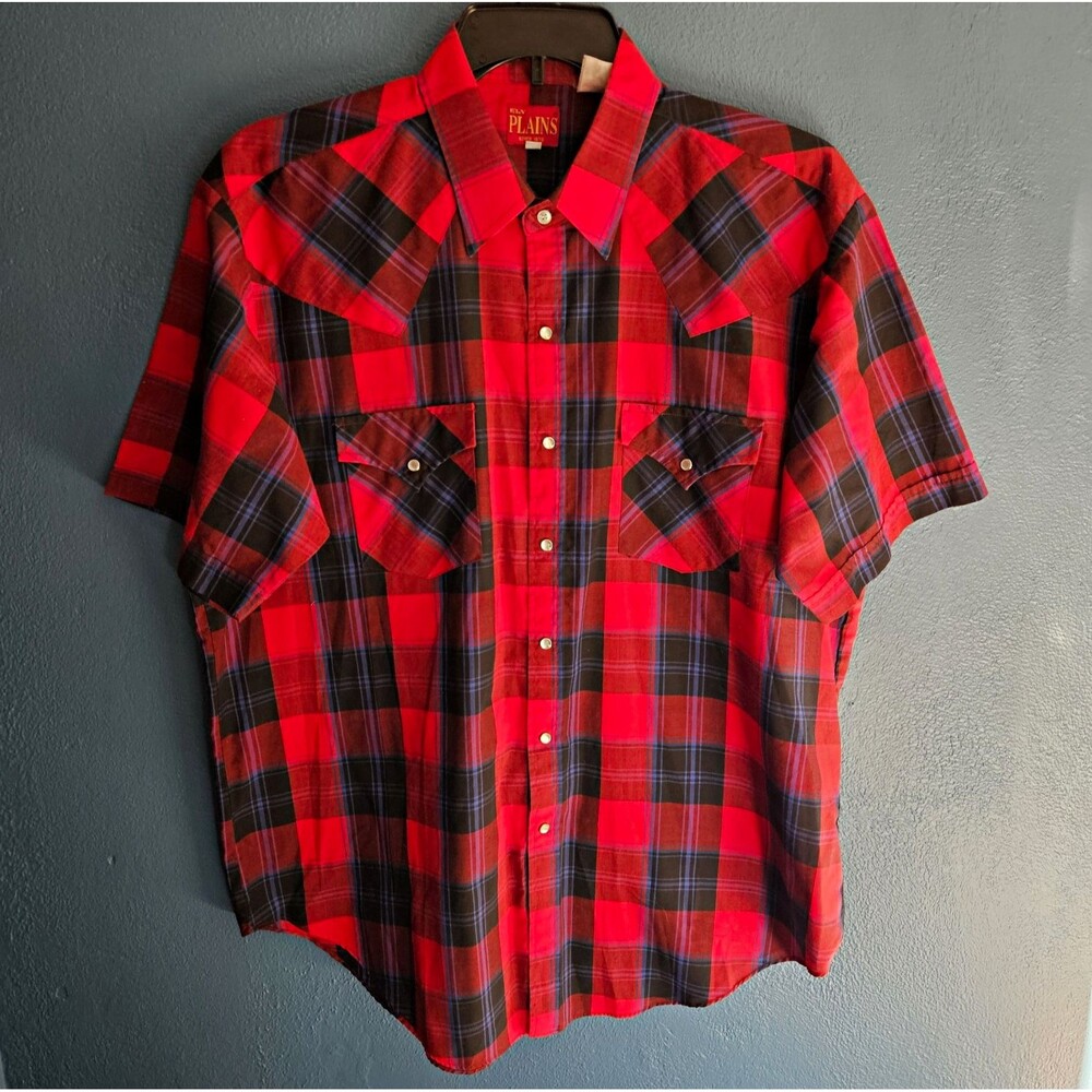 VTG 90s Ely Plains Pearl Snap Western Shirt Mens XL Red Blue Plaid Short Sleeve